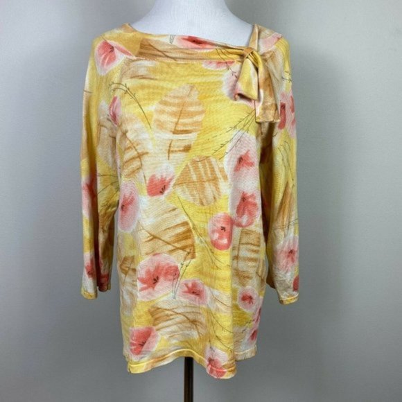 Pendleton Blouse Top L Silk Blend Floral Boatneck Tie 3/4 Sleeve Ribbed‎ Womens - Picture 1 of 9